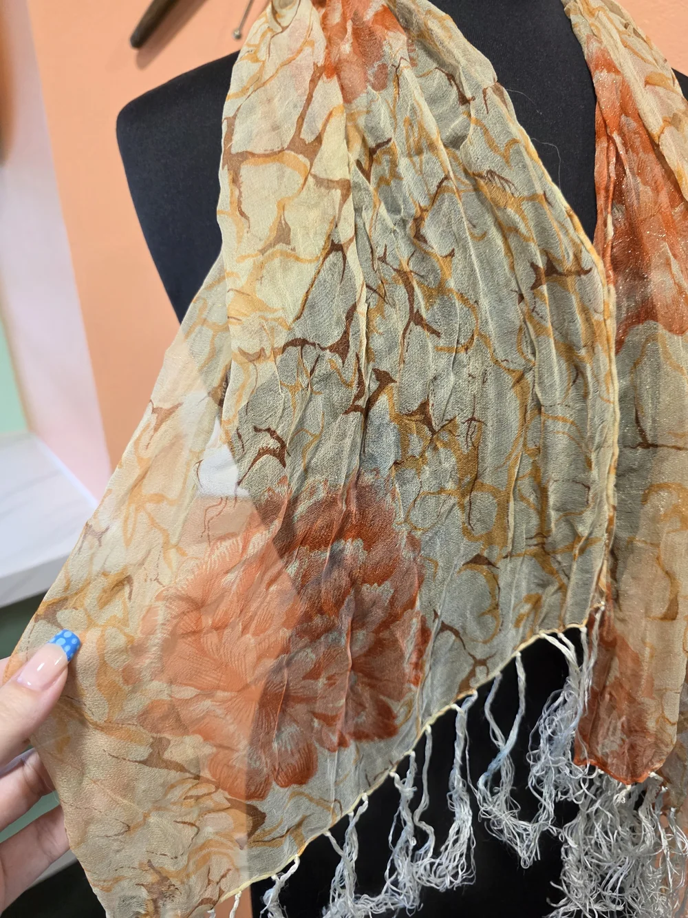 Vintage 70s Delicate Fringe Hippie Orange and Cream Lightweight Crinkle Scarf